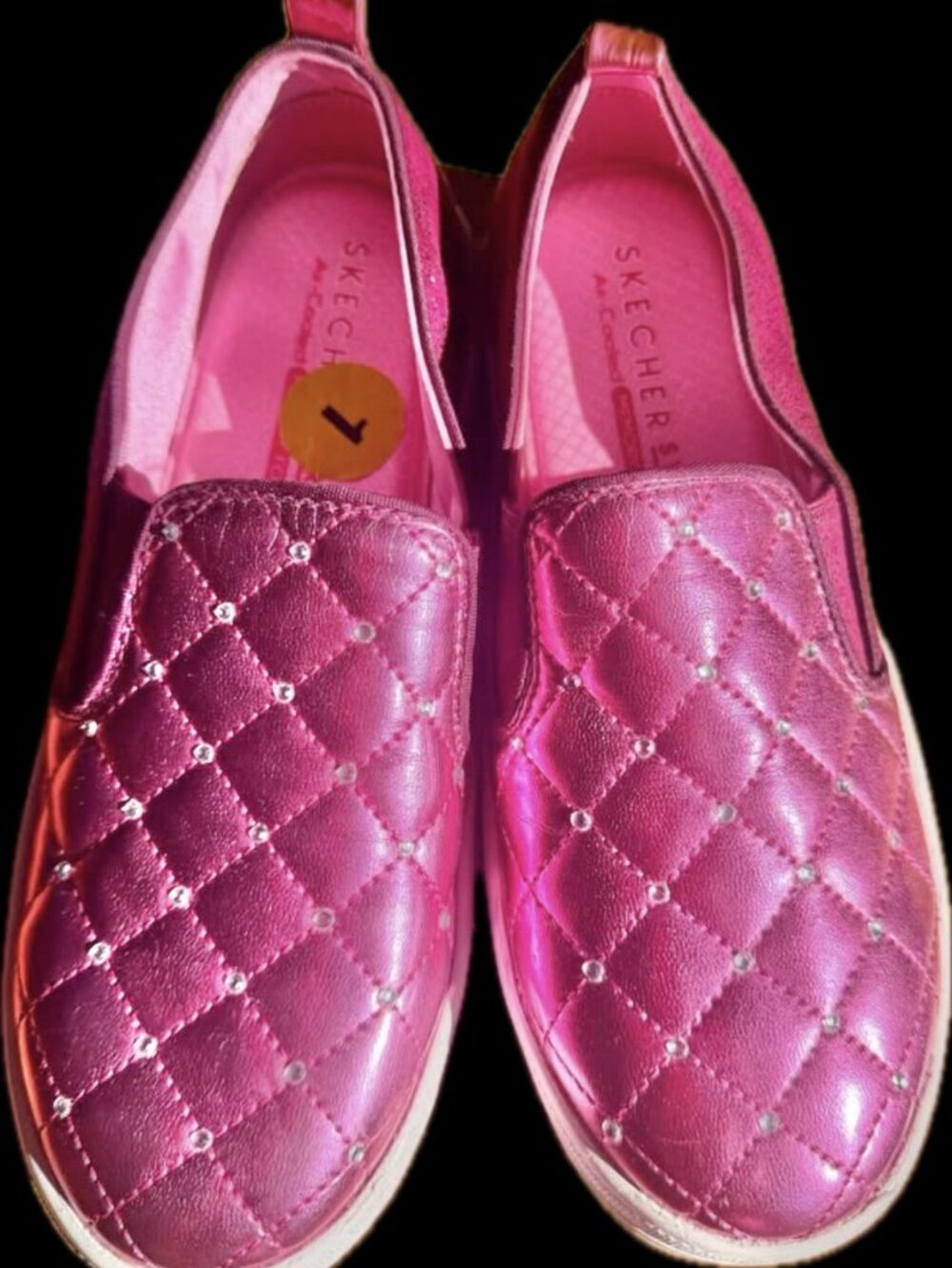 Skechers Girls’ Size 1 Metallic Pink Quilted Slip-On Sneakers Rhinestone Accent